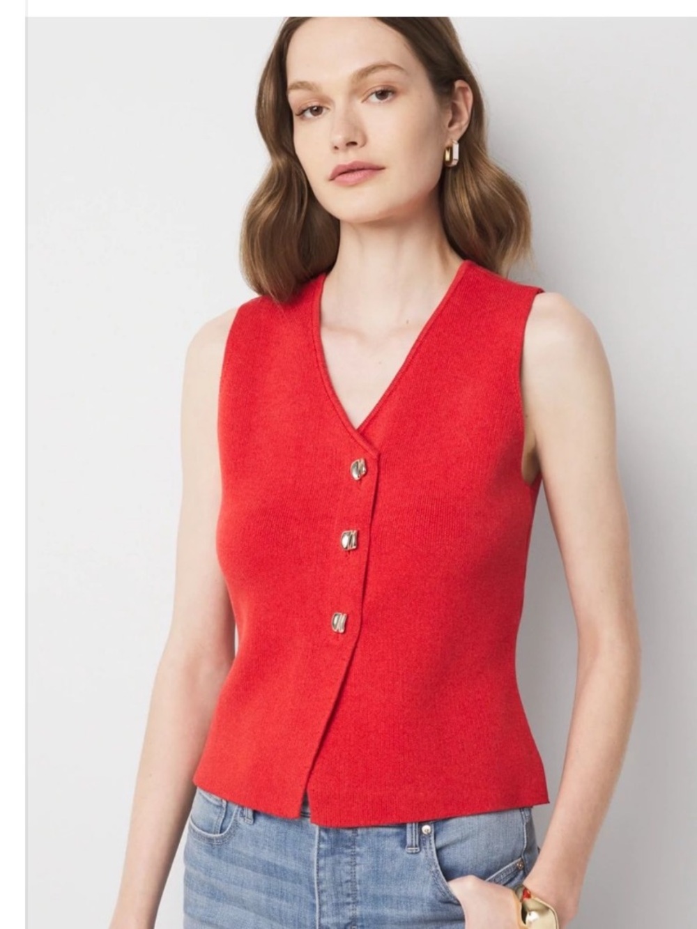 White House Black Market Red Sleeveless V-Neck Button Front Top